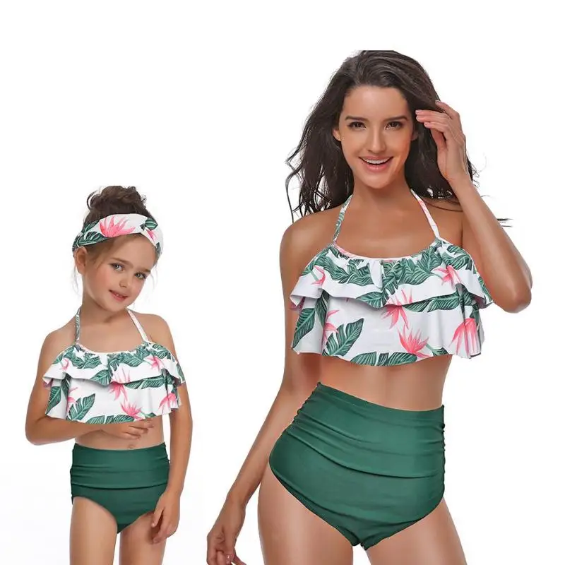 

Parent-child Swimsuit Leaf Print Halter Bikini Set Mommy Daughter Swimwear Sweet Irregular Two Piece Bathing Suit