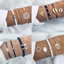 Богемные браслеты с подвесками в виде ракушек для женщин, винтажные золотые черепахи, карта, цепочка, Браслет-манжета, набор, модный браслет с бусинами, Женские Ювелирные изделия