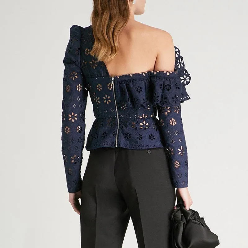 Women Long Sleeve Sexy Off Shoulder Lace Shirts Hollow Out Asymmetrical Tops Fashion Solid Blouse