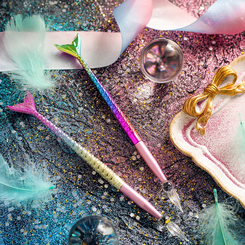 Mermaid Gradual Change Color Glass Dip Pen Crystal Student Use | Канцтовары для офиса и дома