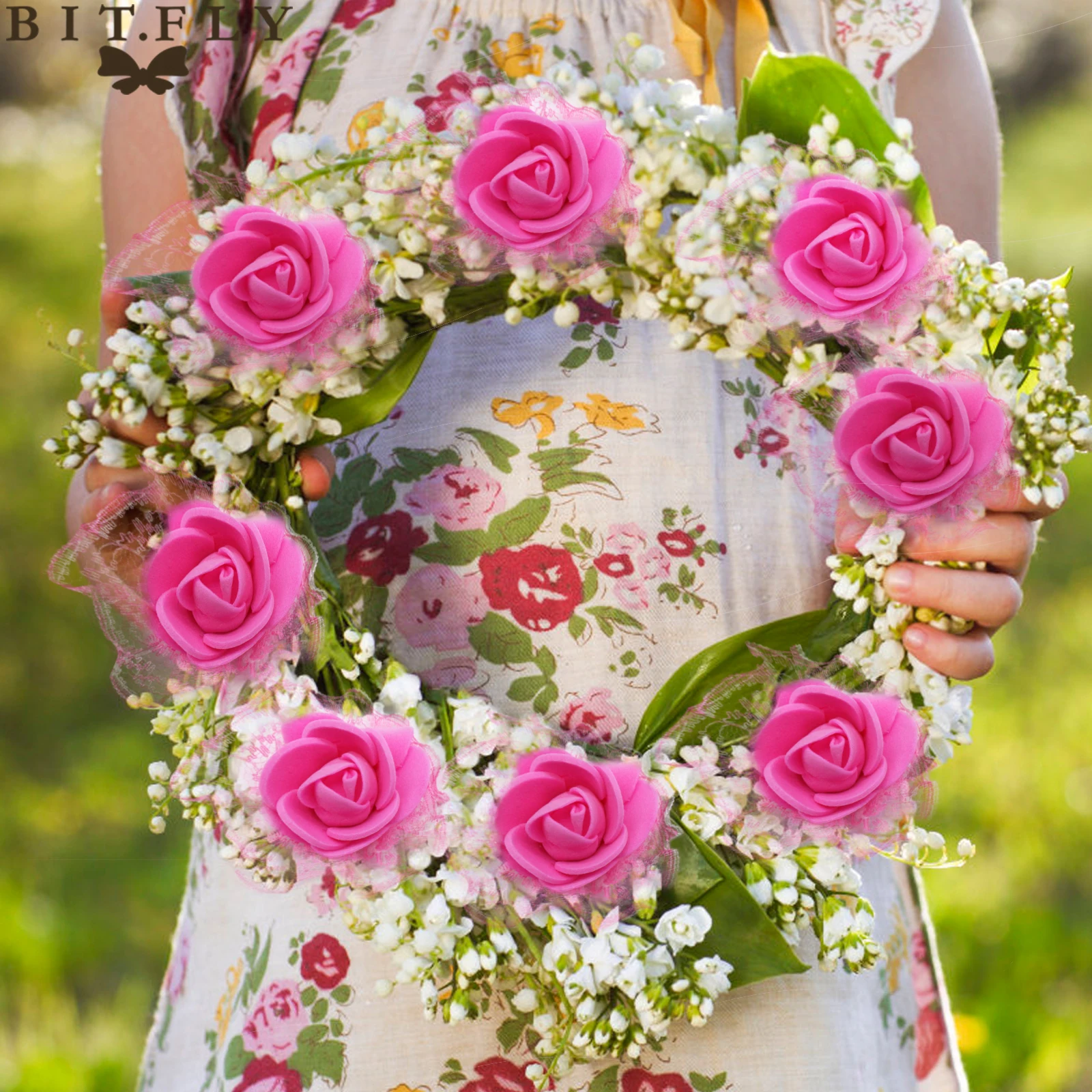 

BIT.FLY 50pcs/lot Lace PE Foam Rose Artificial Flower Head Wedding Party Wreath DIY Decoration Gift Box Decor Handmade Flowers