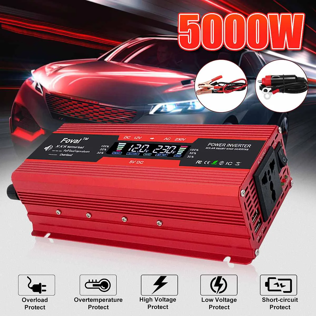 

Modified Sine Wave Power Inverter Converter 12/24V-220V P eak 5000W Dual USB LCD Digital Display Voltage Transformer LCD Display