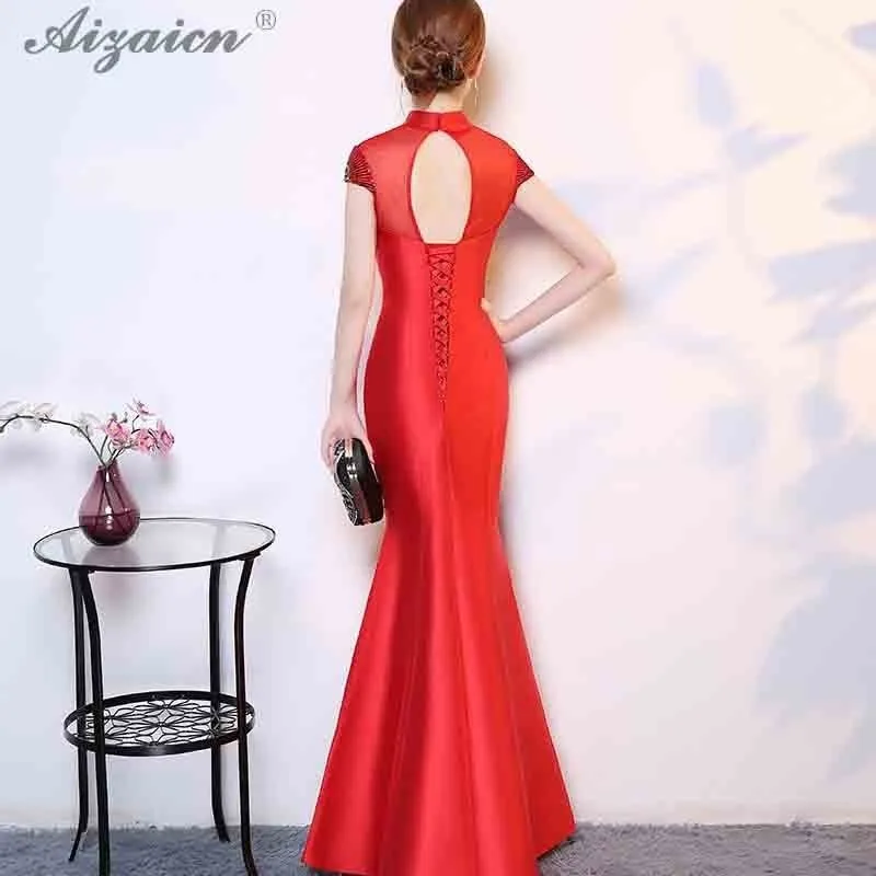 Современный зеленый вышивка Cheongsam хвост русалки Длинные Qipao Fsahion платья с блестками женское китайское вечернее платье Восточный стиль