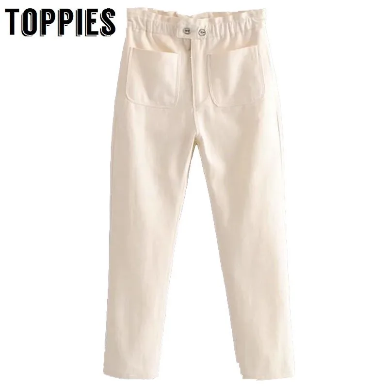 Comprare 2019 Vintage Bianco Nero Dei Jeans A Vita Alta Pantaloni In Denim Primavera Estate Jeans Delle Donne Button Fly Pantaloni di Lunghezza Della Caviglia