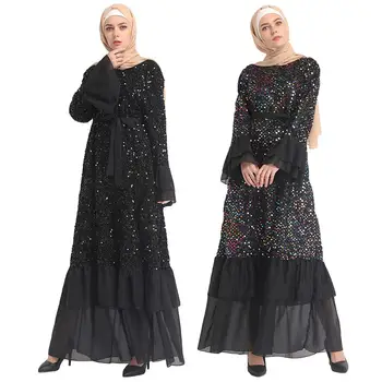 

Muslim Abaya Sequins Glitter Long Dress Women Fashion Patchwork Bell Sleeve Maxi Robe O-neck Party Cocktail Islamic Dubai Luxury