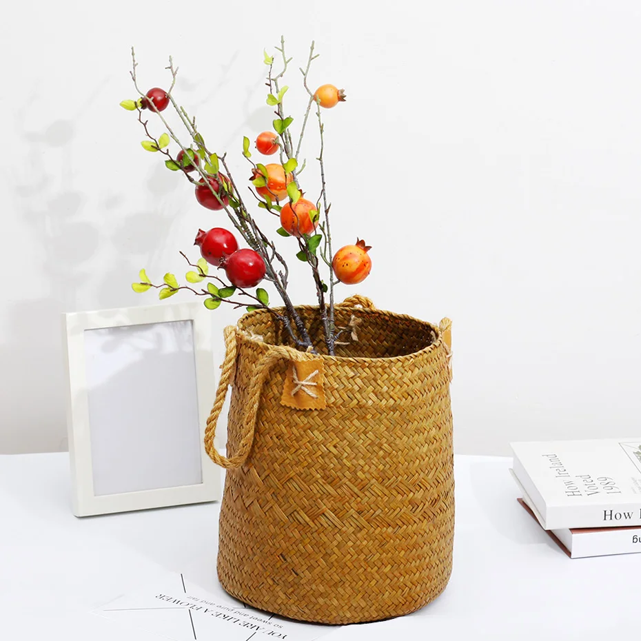 

Seagrass Flower Basket+2PC Artificial Flower Fruit Pomegranate Berries Trees Bouquet Simulation Home Decor Fake Wedding