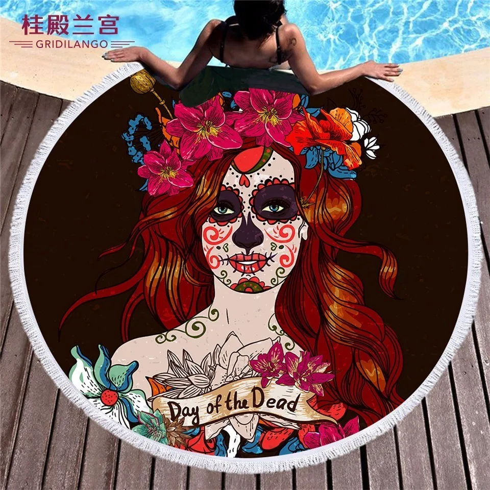 

GRIDILANGO Sugar Skull Hippie Flowers Round Beach Towel For Adult Quickly Absorbtable Swimming Travel Outdoor Blanket Bath Towel