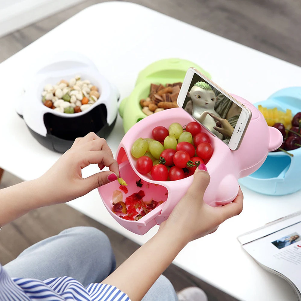 

1pcs Useful Bear Snack Box Double Layer Dry Fruit Storage Box with Mobile Phone Stents Practical Food Container with a trash can
