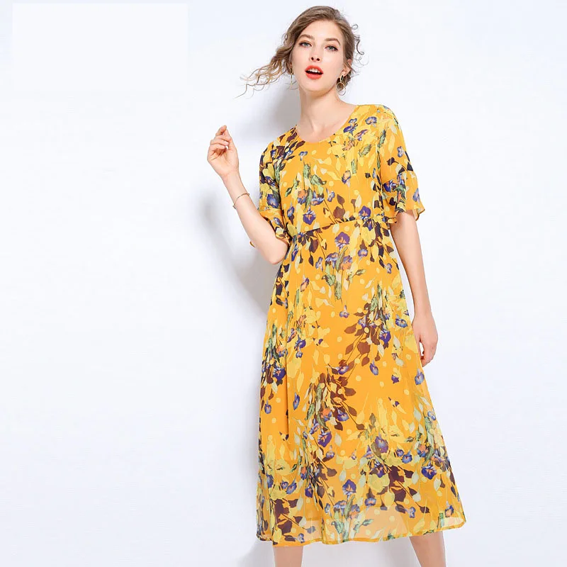 

2019 Summer New Fashion Print Shortsleeved Round Neck Waist Bottom Chiffon Yellow Dress Large Size Women's Clothing Office Dress