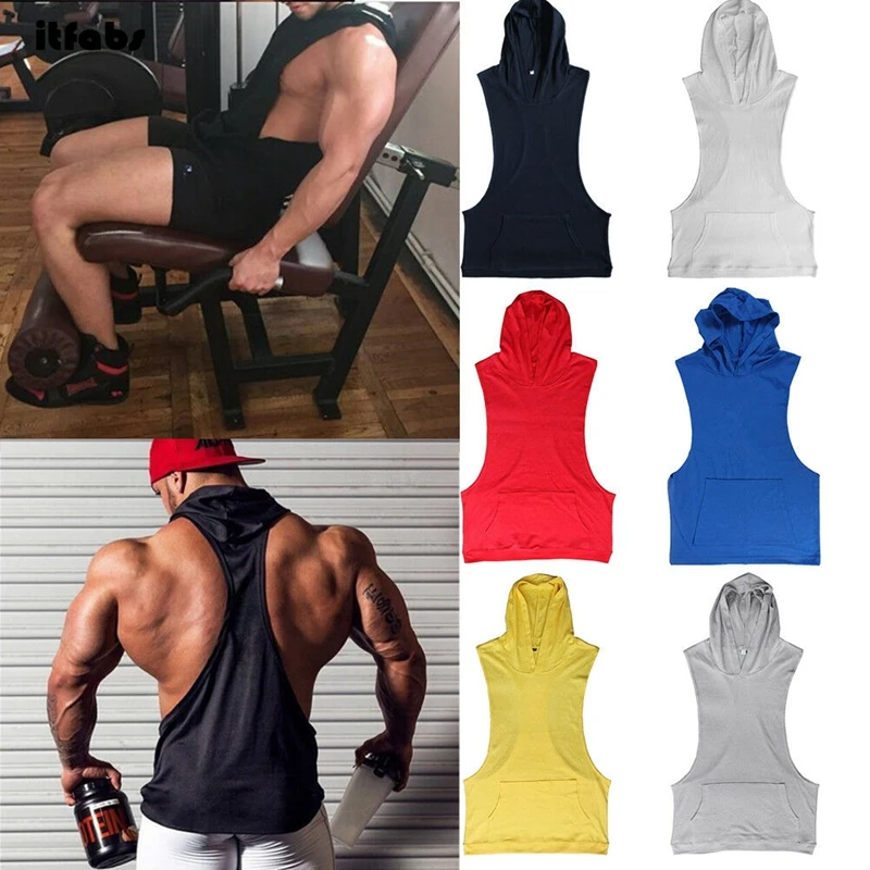 Мужской спортивный Бодибилдинг сплошной передний карман без рукавов Мышцы с капюшоном жилет спортивная одежда
