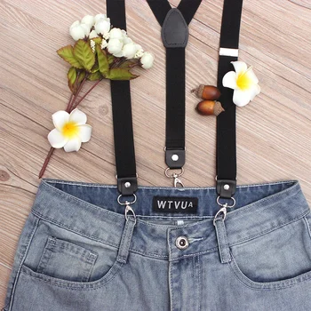 

Retro man's Adjustable elastic braces fashion black Y-Back three-clip hook suspenders with leather vintage straps
