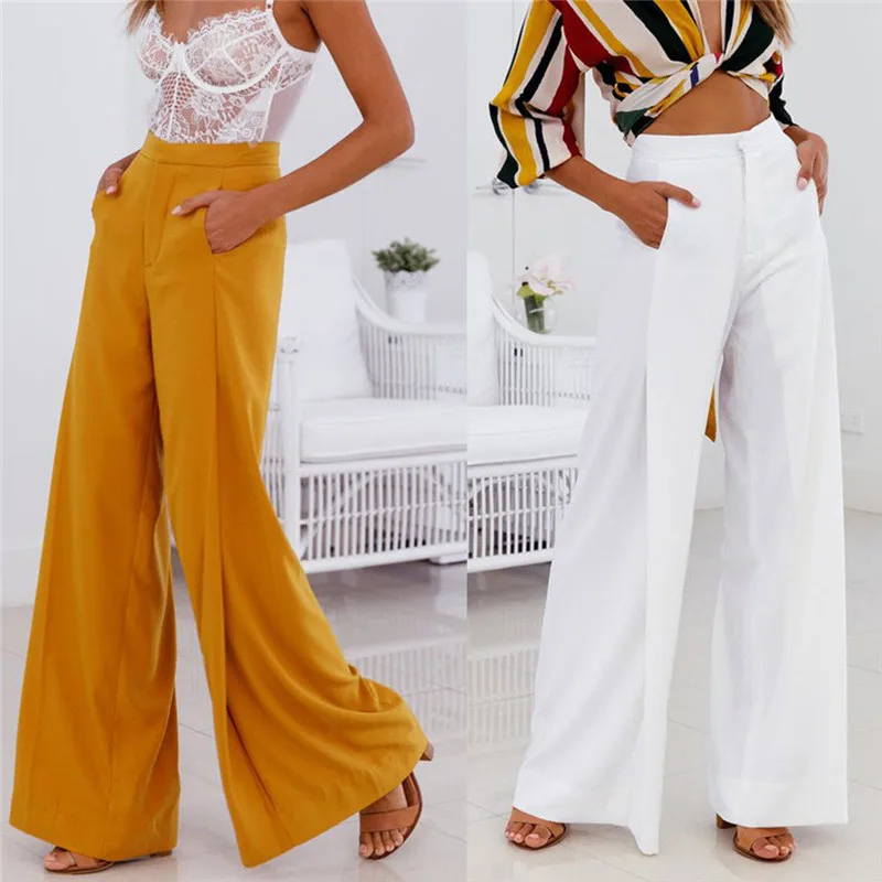 

New Women's Fashion Bottom High Waist Wide Leg Pants White Yellow Zipper Wide Leg Pants Female OL Office Lady Pants Trousers