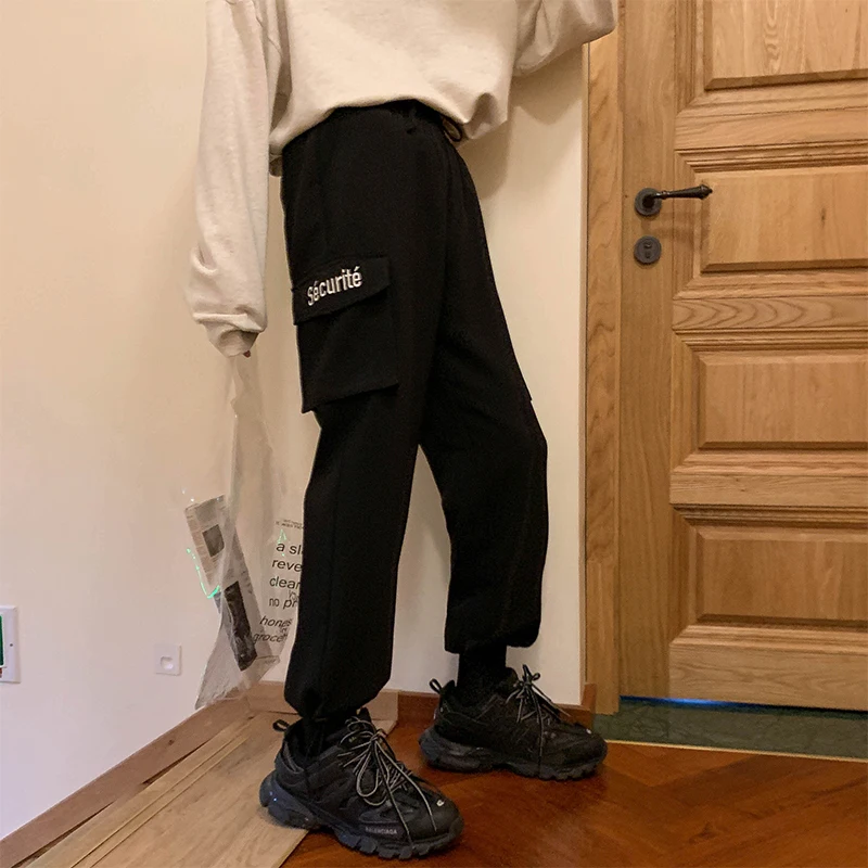 Men's Trousers 2019 Spring New Loose Solid Color Nine Pants Straight Big Pocket Casual Pants Personality Youth Men's Clothing