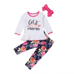 Комплекты одежды для маленьких девочек с оборками футболки штаны с цветочным принтом повязка на голову, 3 шт. хлопковая уличная одежда для