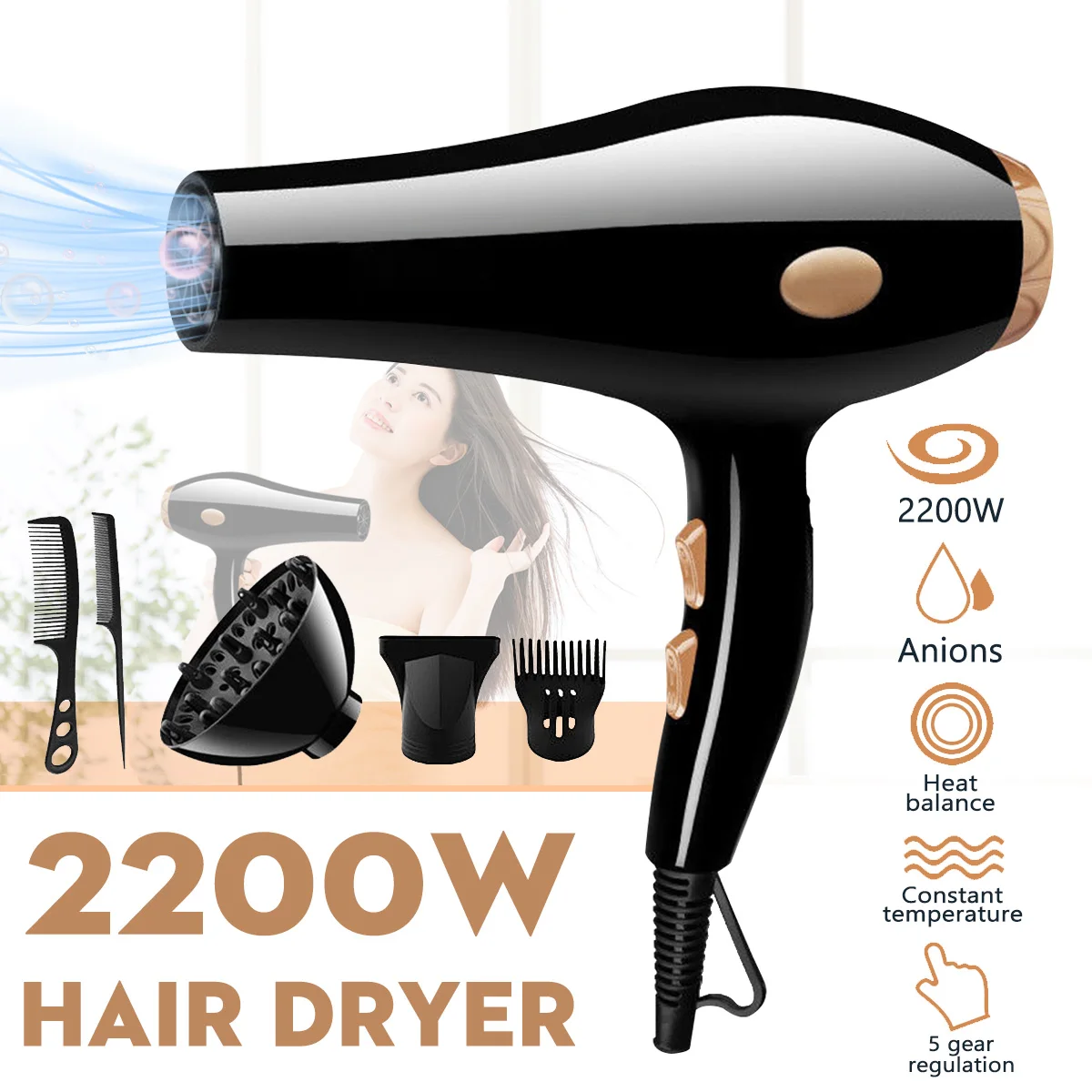 

Professional Hair Blow Dryer 220V 2200W Powerful 3 Heat Speed Salon Blower with Comb Kit Styling Accessory for Travel Portable