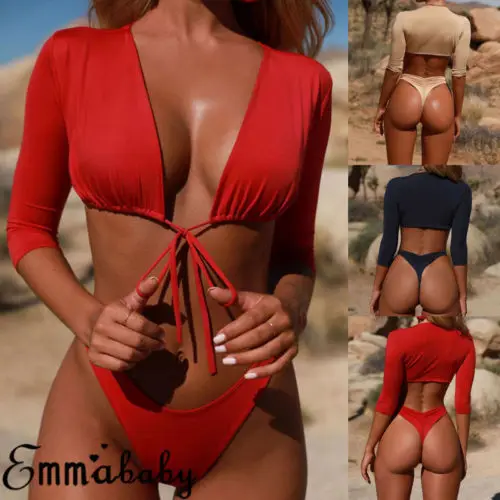 

Sexy Women Long Sleeve Mesh Bikini Set Crop Top Beach Bathing Suit Swimwear UK
