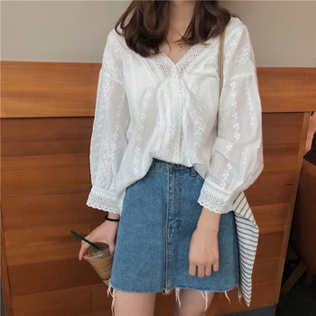 

Lychee Girls Hollow Lace Women Blouses Shirts Long Sleeve V Neck Female Blouses Causal Loose Shirts
