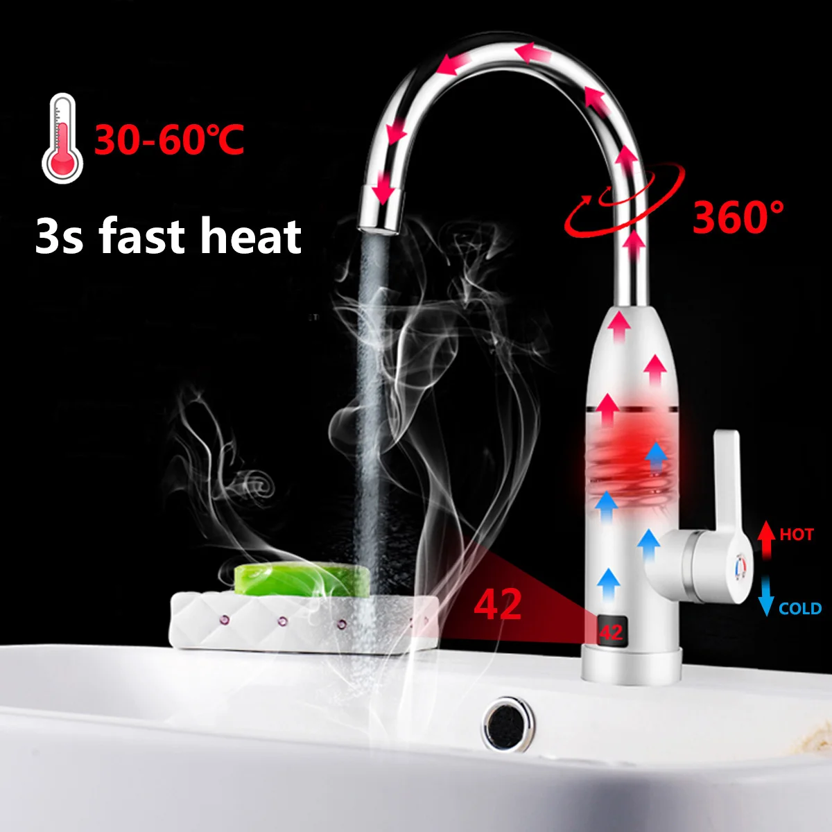 

220V 3kW instant heating faucet heater hot cold dual-use Tankless water quickly heating tap shower with LED display