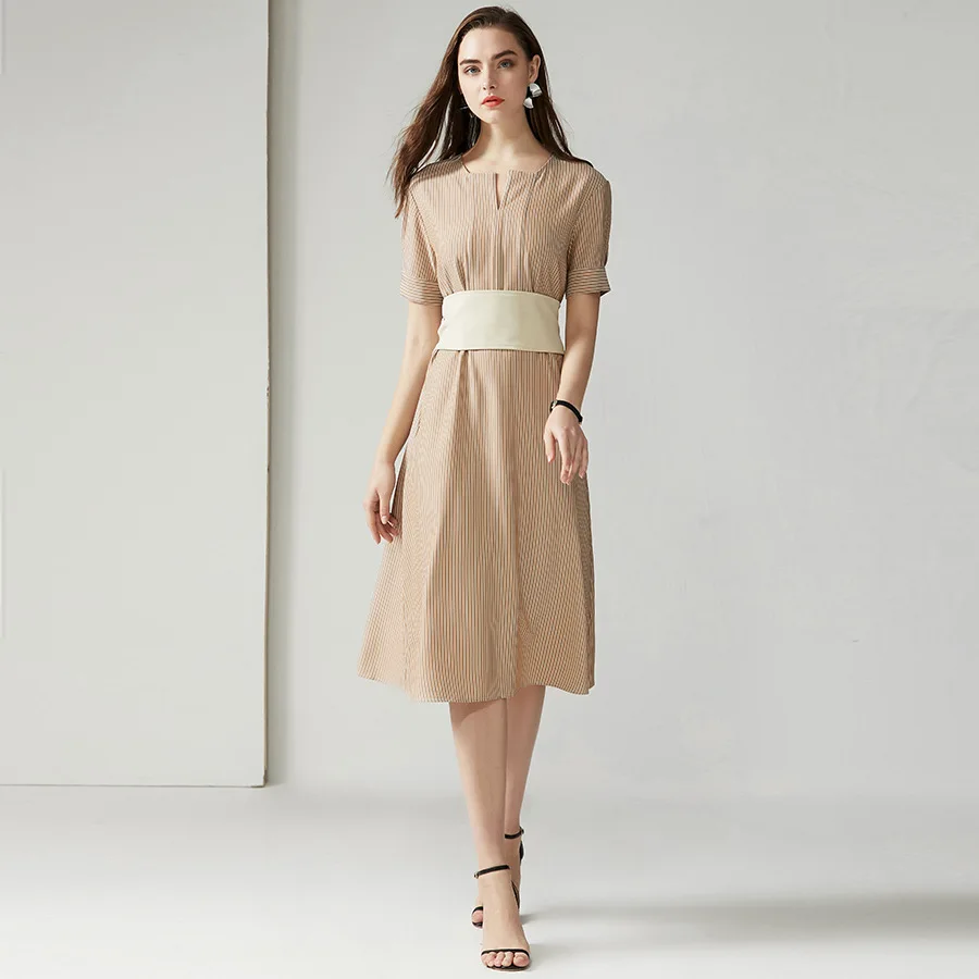 

2019 Spring and summer new o-neck Short Sleeve Overknee length Stripe A-line dress loose OL dress Quality Temperament Dress 1927