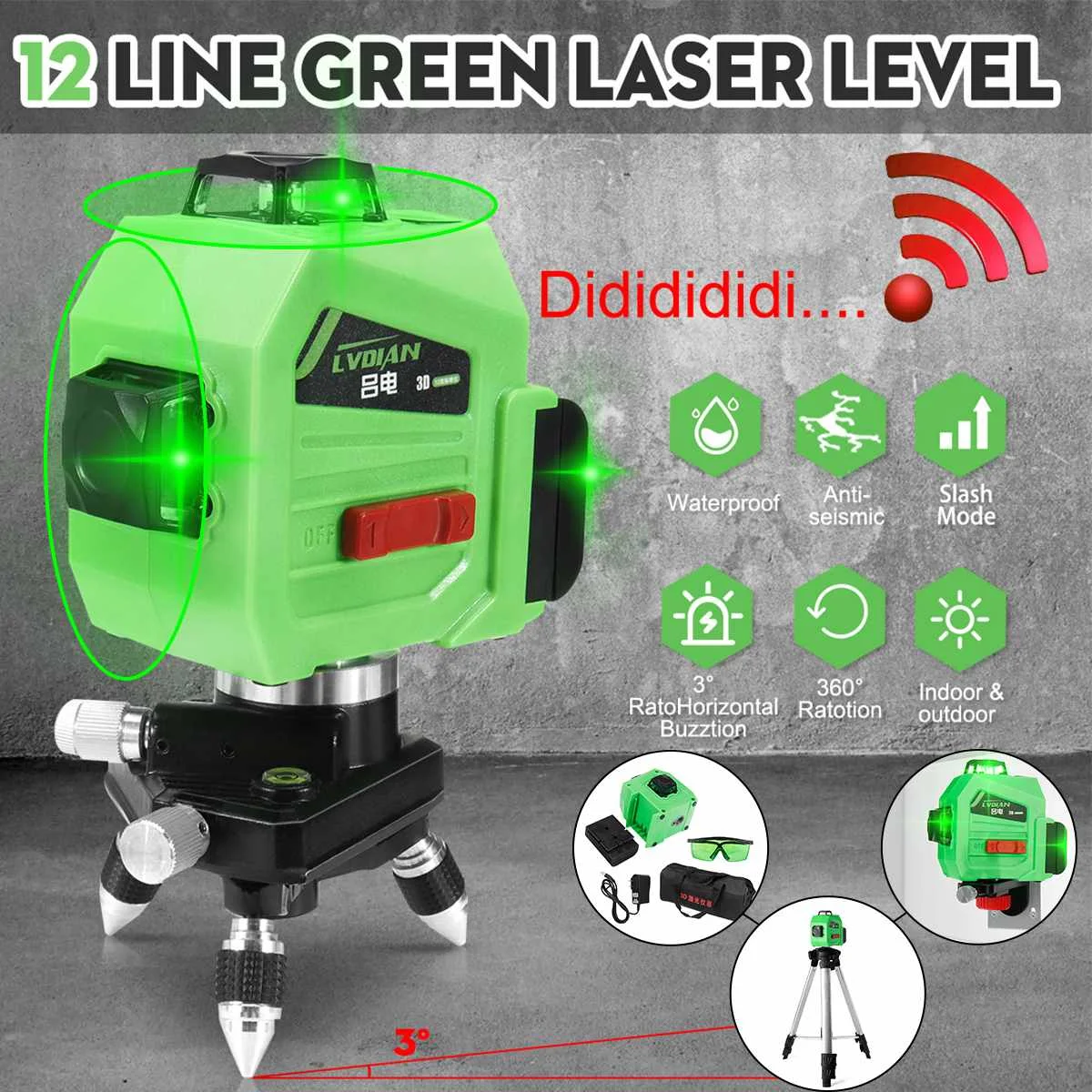 

532nm 12 Lines Laser Level Green Self-Leveling 3D 360 Rotary Cross Measuring Tools Wavelength IP-54 Tripod Base Wall Mounted