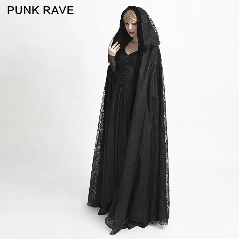 

Punk Rave Long Gothic Cape Black Witch Vampire Victorian Lace Sexxy Jacket