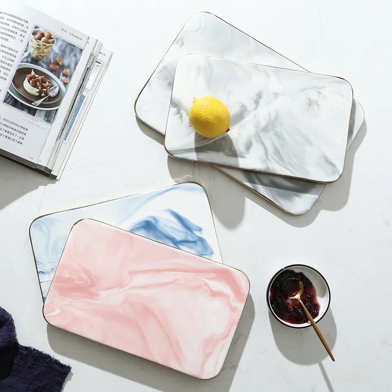 

Gold Inlay Marble Ceramic Plates Porcelain Sushi Plate Desserts Cake Kitchen Dinnerware Chopping Paddle Board Tray Decoration