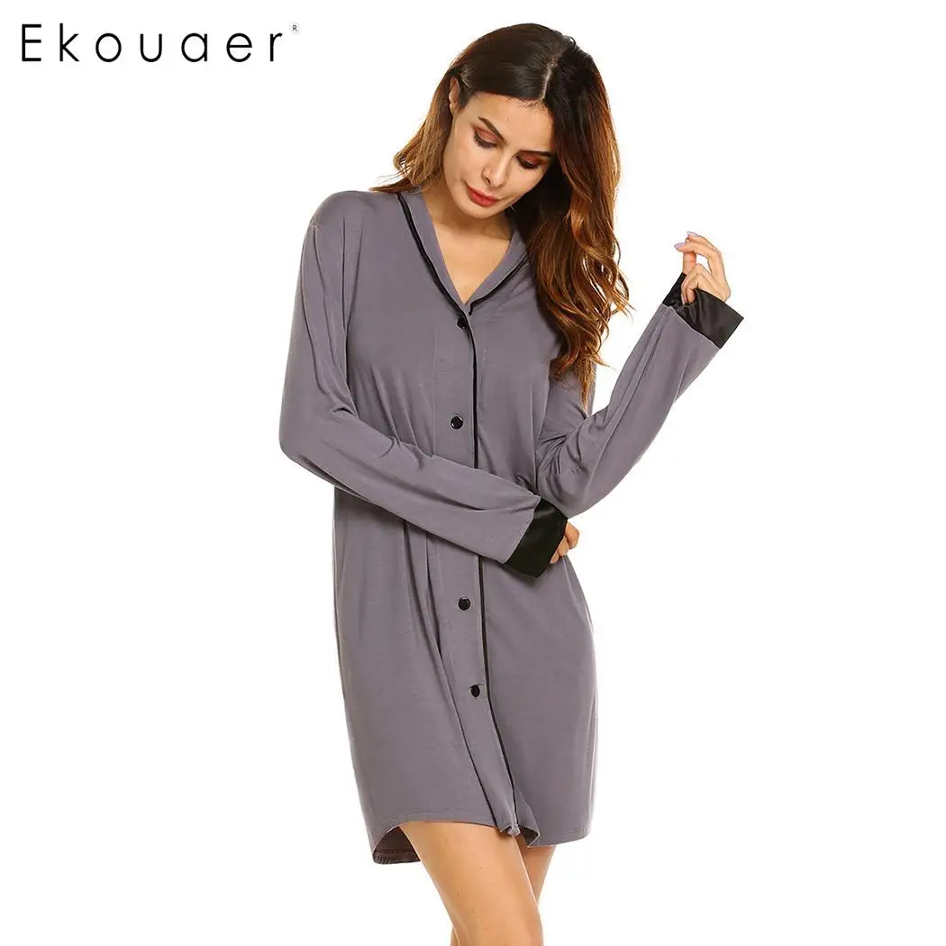 

Ekouaer Sexy Nightshirt Sleepwear Dress Women Soft Long Sleeve Nightgown Button-down Sleepshirt Dress Female Nighties