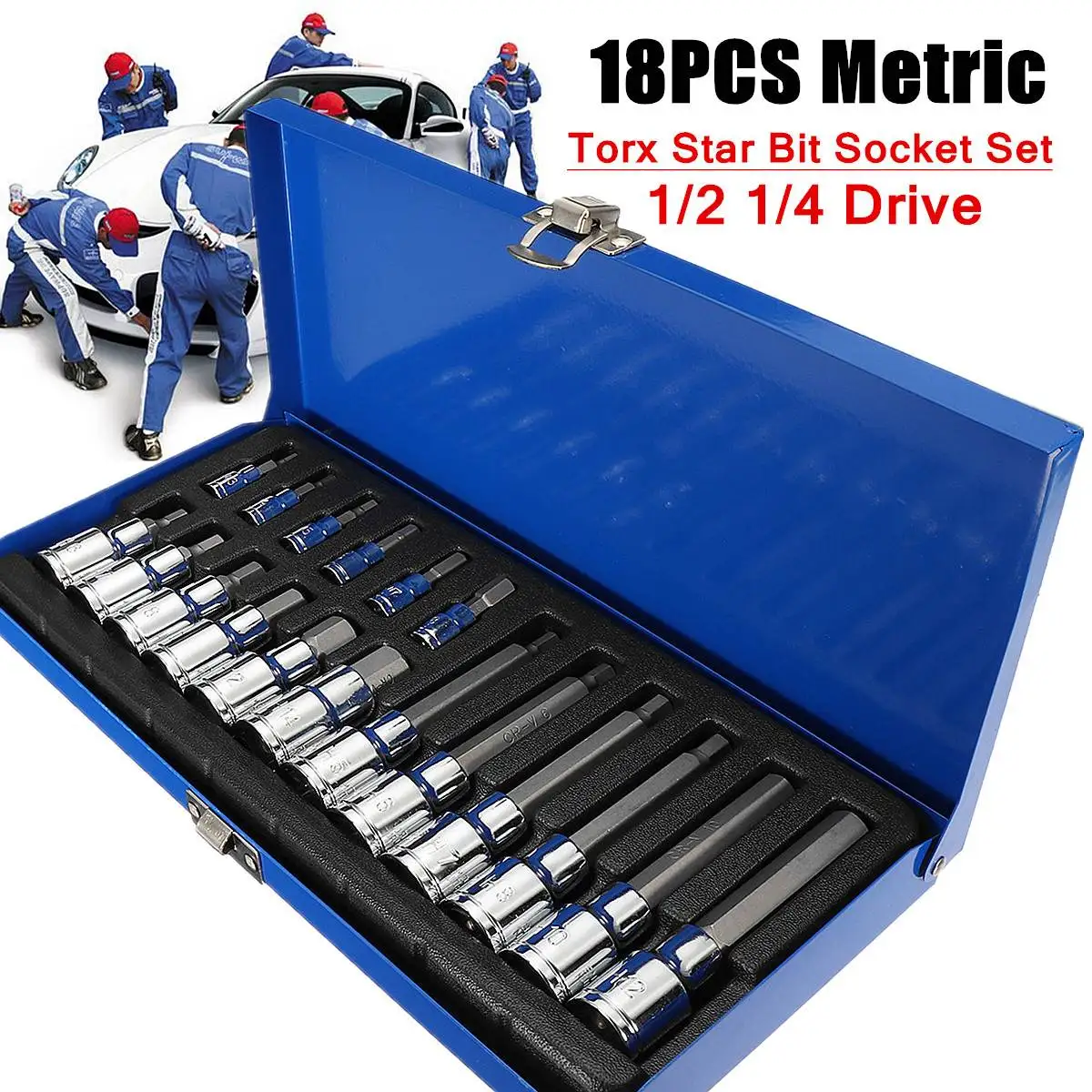 

18pcs Torx Star Bit Socket Garage Workshop Tool Set 1/2" 1/4" Long Drive Professional Durability for Locomotive Assembly