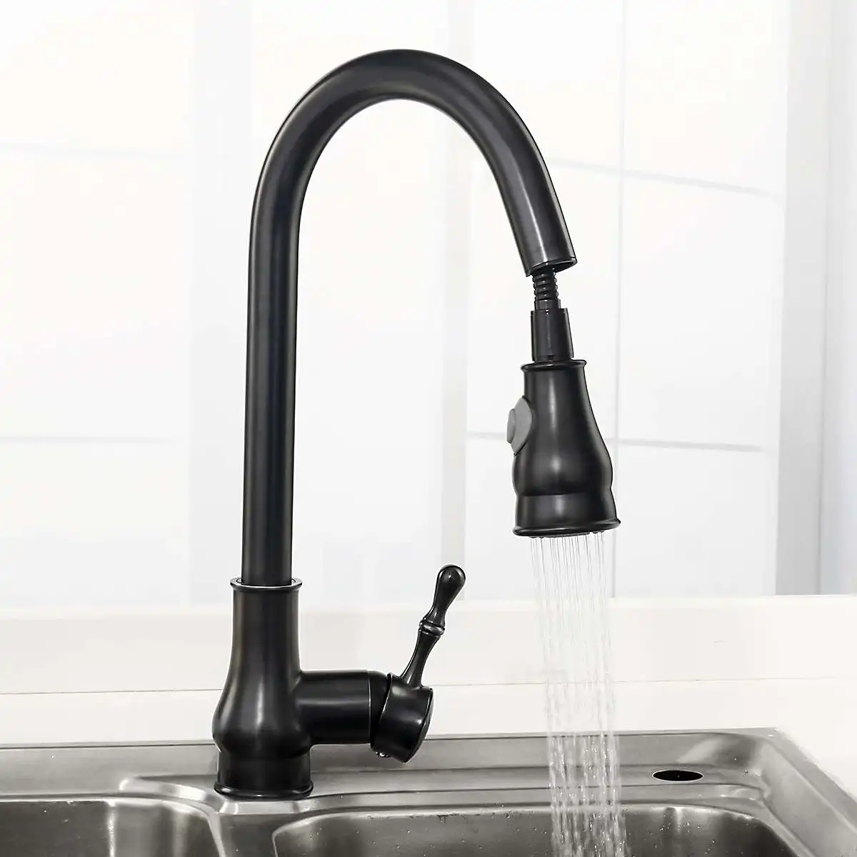 

Xueqin Black Copper Pull Out Kitchen Bathroom Sink Faucet 360Rotation Spray Spout Water Faucet Mixer Tap Cold And Hot