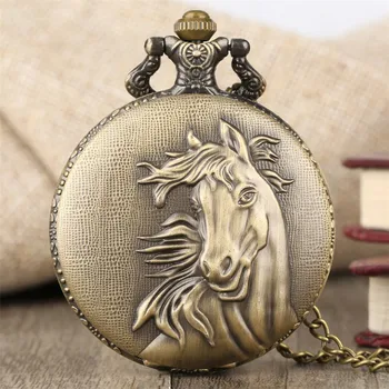 Vintage Bronze Pocket Watch Quartz Retro Horse Full Hunter Pendant Watch with Fob Necklace Chain Best Gift for Men Women reloj retro bronze men fashion pocket watch national austria the double eagle chain necklace quartz full hunter emblem clock male