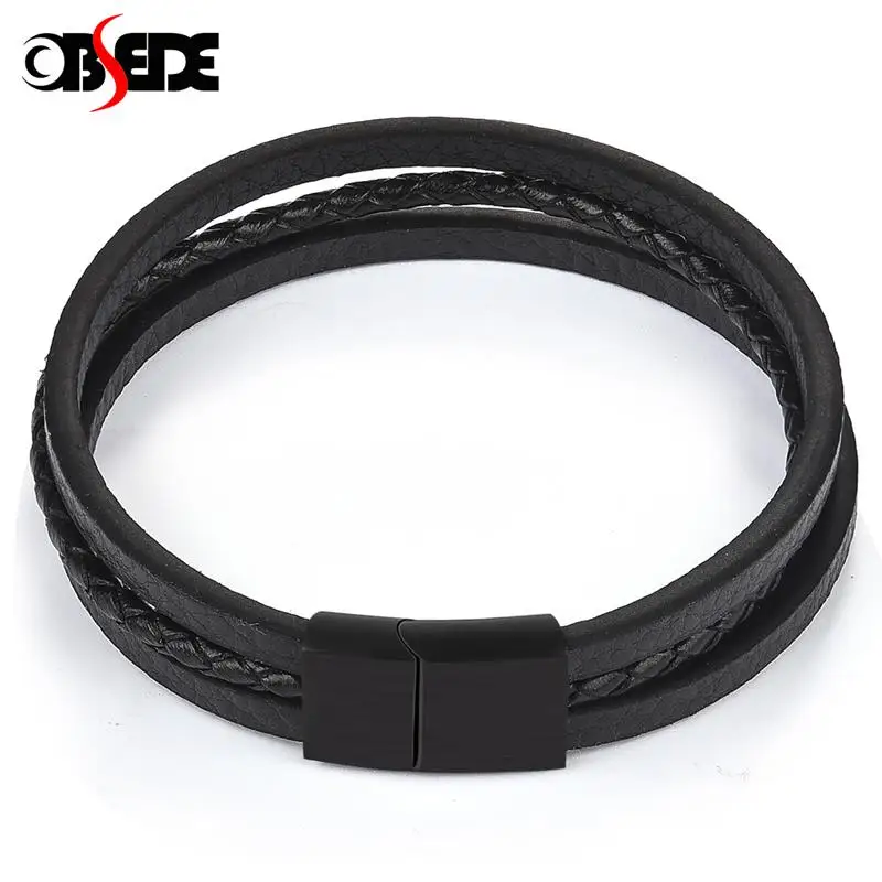 

Men Punk Black Leather Braid Bracelet Multilayer Rope Chain Stainless Steel Magnetic Clasp Fashion Wristband Male Jewelry Gift