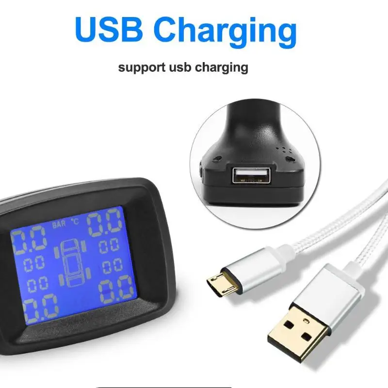 

VODOOL Car Wireless TPMS Tire Pressure Monitoring System LCD Digital Display Tyre Temperature Warning With 4 Sensor USB Socket