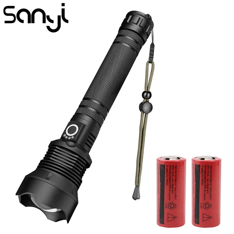 

SANYI 3 Modes Flashlight Torch 26650 Battery USB Rechargeable Lamp 30000 Lumen Life Waterproof Zoomable Lighting Hunting