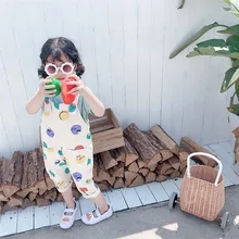 Новинка, Комбинезоны для маленьких девочек 2, 3, 4, 5, 6 лет, корейский Модный комбинезон с милым принтом для девочек, детская одежда, лето, детский комбинезон