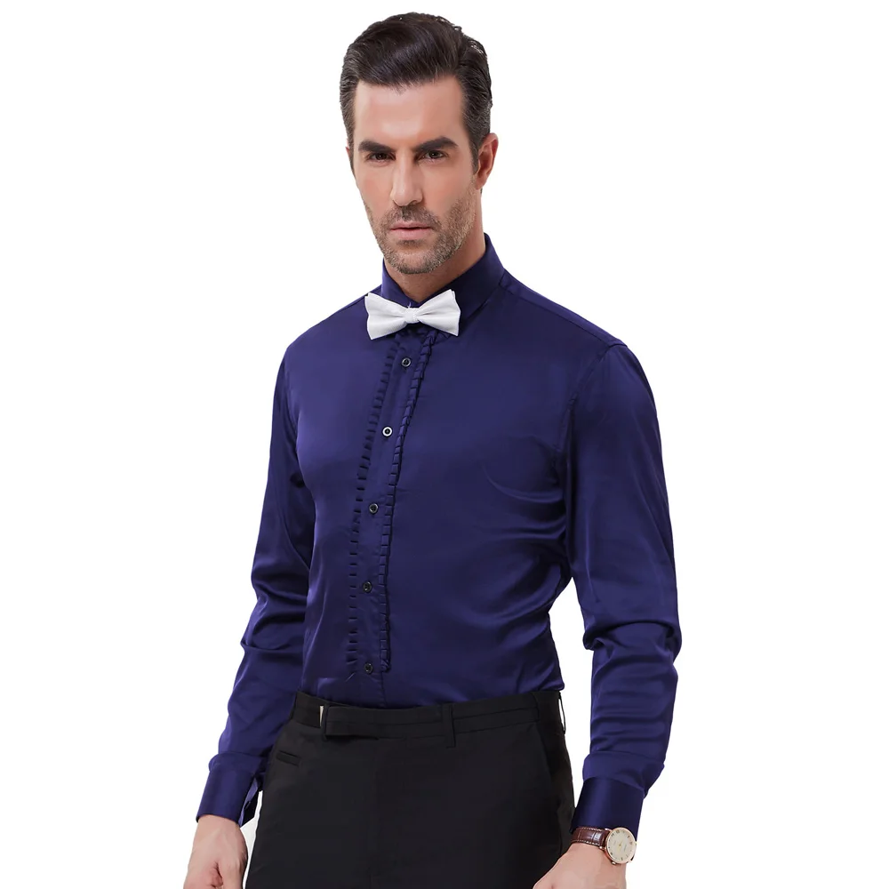 

Mens Stylish Slim Fit Long Sleeve Wedding Party Formal Satin Dress Shirt Tops