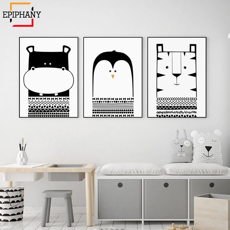 

Animal Nursery Wall Art Kids Poster Lion Hippo Penguin Gender Neutral Baby Room Cartoon Print Scandinavian Canvas Printings