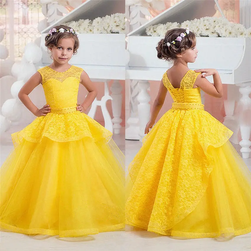 Элегантные платья на день рождения для детей, желтое фатиновое кружевное платье с цветочным узором для девочек, платье принцессы длиной до пола для свадебной вечеринки