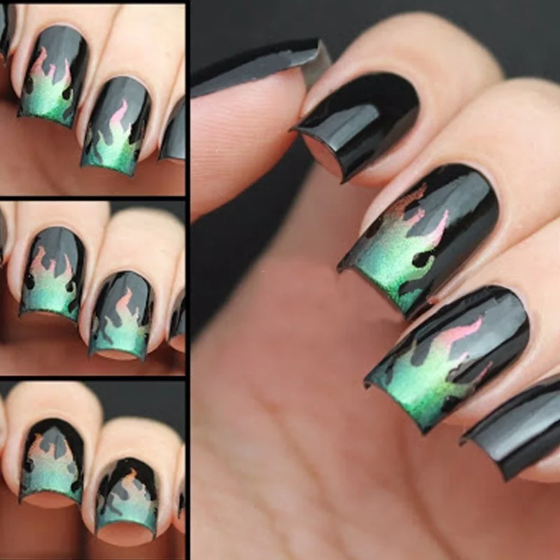 2 Sheets Fire Nail Vinyls Stencil Hollow Stickers Fires On Manicure Stencil Stickers Nail Art Decoration