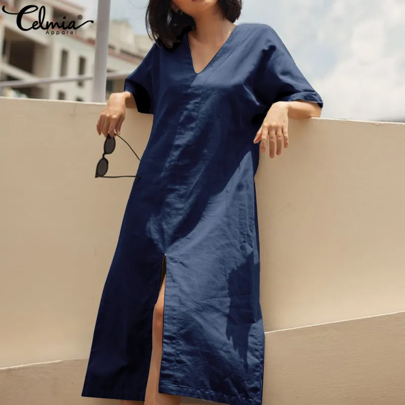 

Celmia 2019 Summer Vintage Shirt Dress Women Short Sleeve Midi Dresses Casual Loose Sexy V Neck Split Vestidos Mujer Plus Size