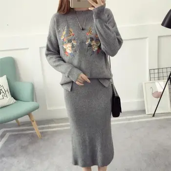 

2018 Womans Sweater + Pencil Mid Dress Sets Autumn Winter Solid with Embroidery Two-Pieces Suits OL Sweater Knit Midi Dress Gray