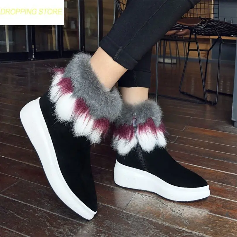 

Women Shoes Genuine Leather Wedges Platform High Heel Riding Boots Pointed Toe FOX Fur Pumps Winter Warm Sneakers