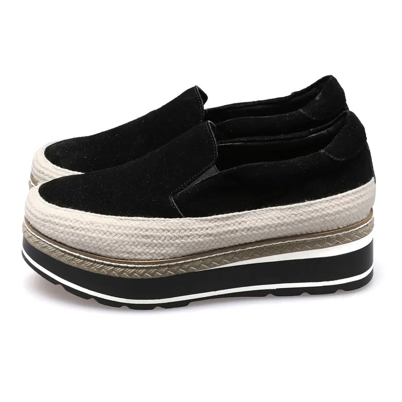 Plate Mode Creeper Daim Femme Sur Appartements Véritable Espadrilles En Black Chaussures forme Cuir Femmes Glissent PqB07Tnw