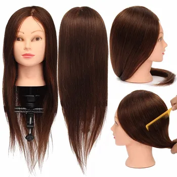 

24 inch 100% Real Natural Hair Training Mannequin Head With Stand Holder Professional Hairstyle Practice Wig Head Women Brown