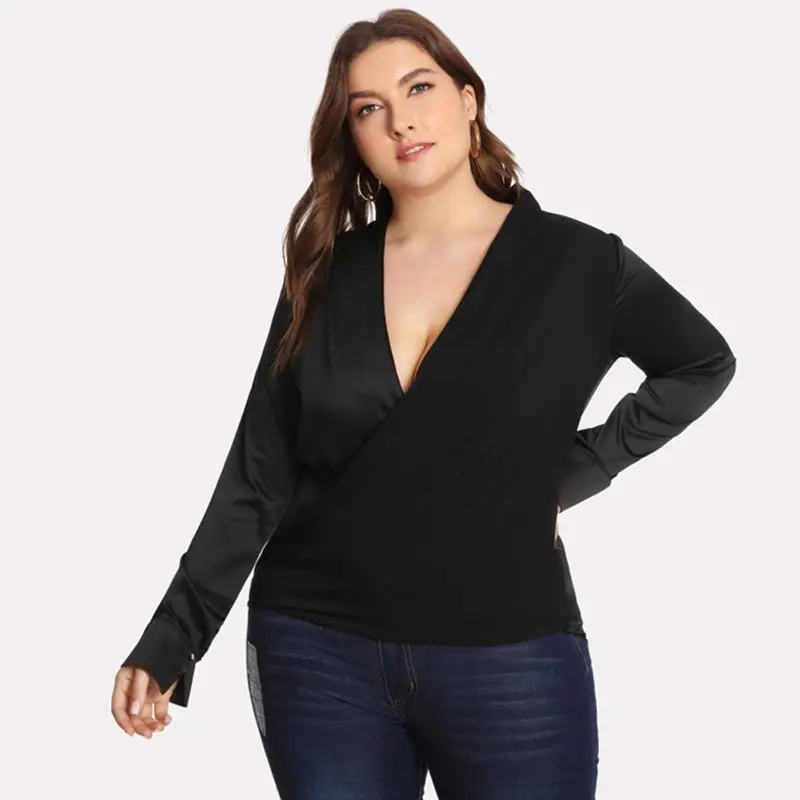 Women Plus Size Blouses Solid Black Office Simple Stylish Deep V Sexy Tops Spring Work Wear Loose 5XL Casual Blouse Shirt Female |