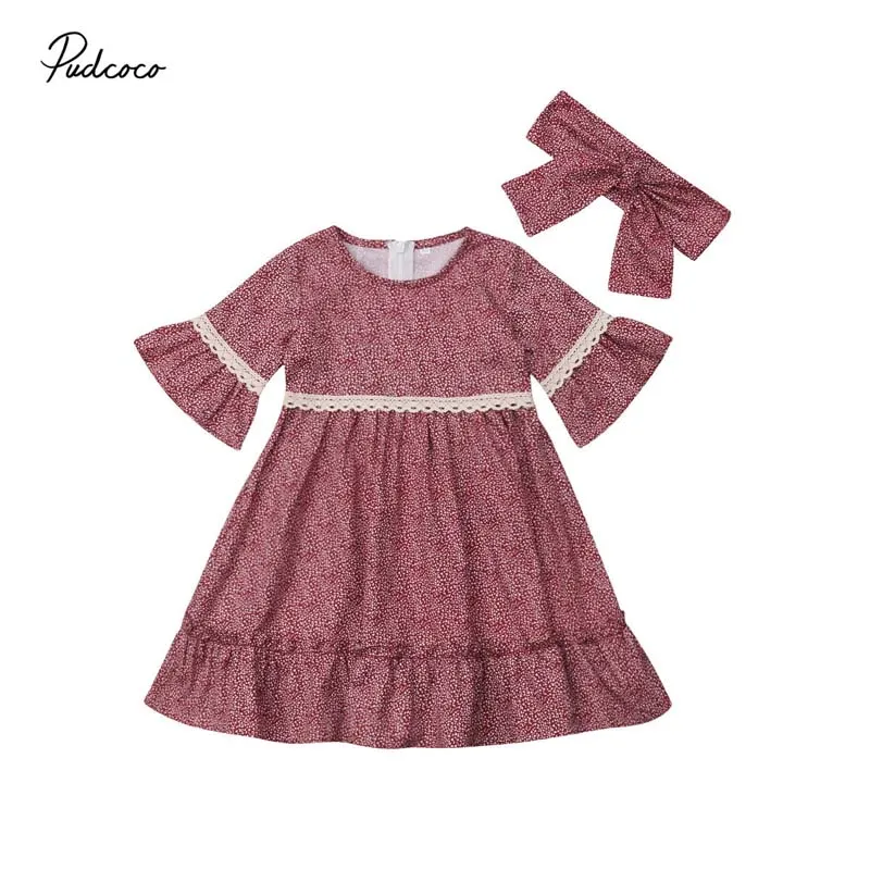 

Boho Girl Dress Cotton Kids Baby Girls Floral Lace Long Flare Sleeve Party Holiday Dresses Headband 2019 Sping Clothes