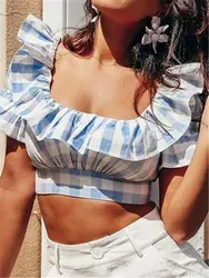 Лето 2019 сексуальная с открытыми плечами Slash средства ухода за кожей Шеи для женщин Блузка Сексуальная рюшами кружево Up синий полосатый