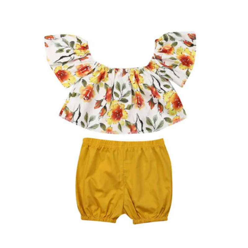 0-36M Baby Girls Clothes Set Off Shoulder Rompers Floral Print Sleeveless Shirts For Yellow Pants Child Newborn | Детская одежда и