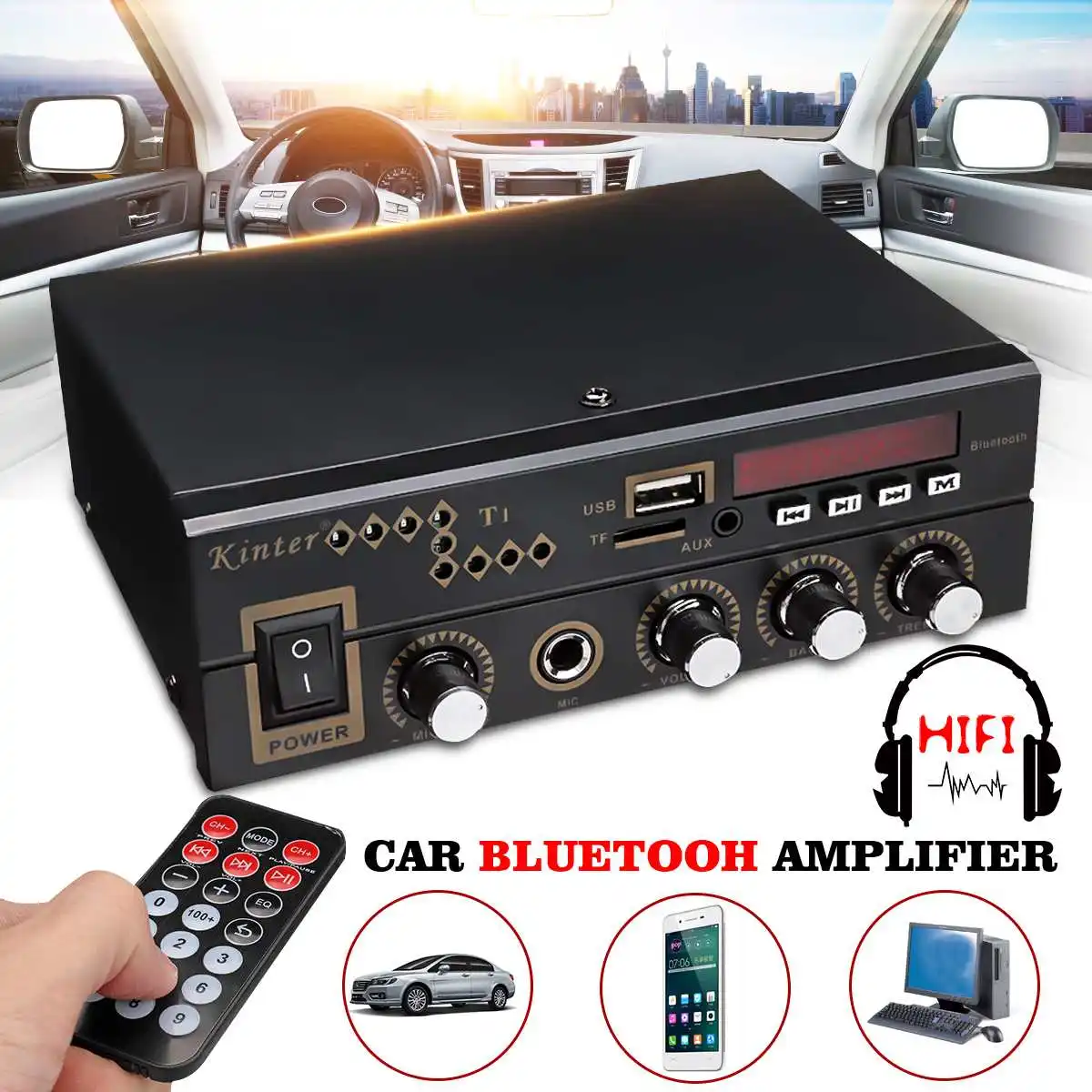 

EU Plug LED Display 12V 220V European Standard Mini Car Digital Power Car Amplifier With Bluetooth with Remote Control Powerful