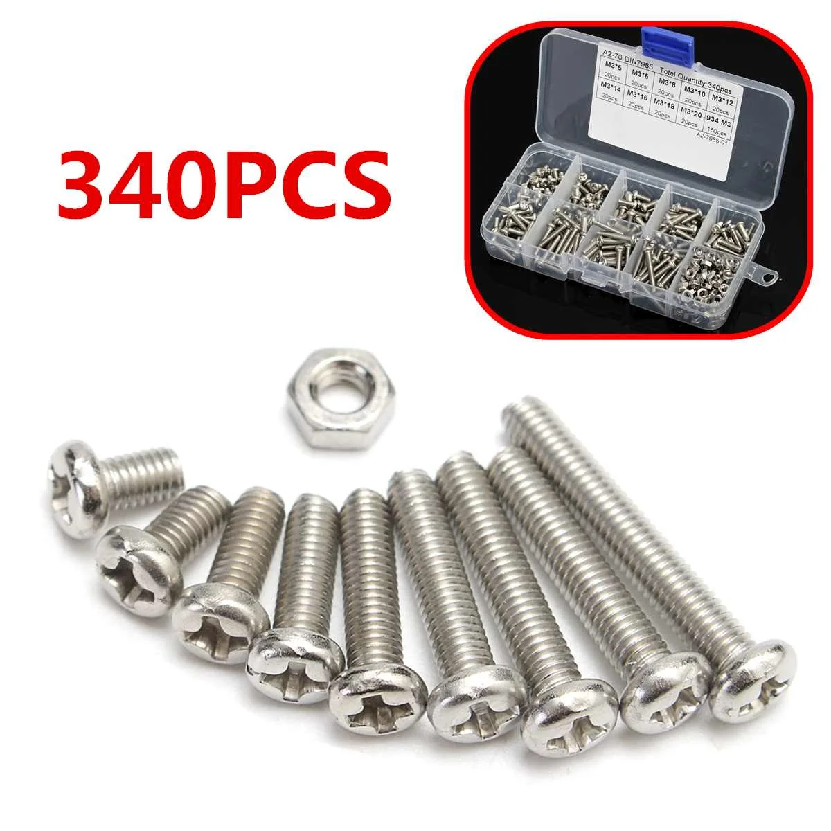 

340pcs/Box Repair Tools Set M3 Cross-headSet Screw Bolts Nut 304 Stainless Steel Cap Head Screw Set Fastener Assortment Kit