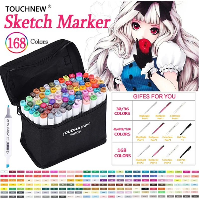 

TOUCHNEW Art Marker 30 40 60 80 168 Colors Artist Dual Headed Marker Set For Animation Manga Design School Drawing Sketch Marker